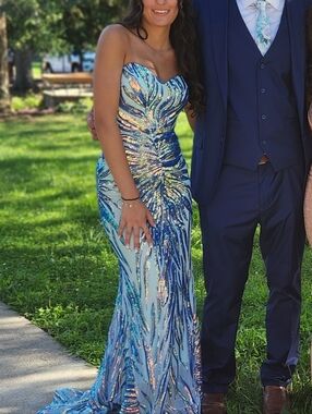 Jovani Iridescent Blue and Aqua Sequin Mermaid Gown